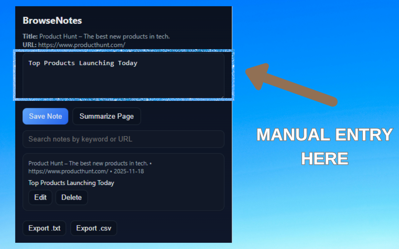 Manual note entry interface