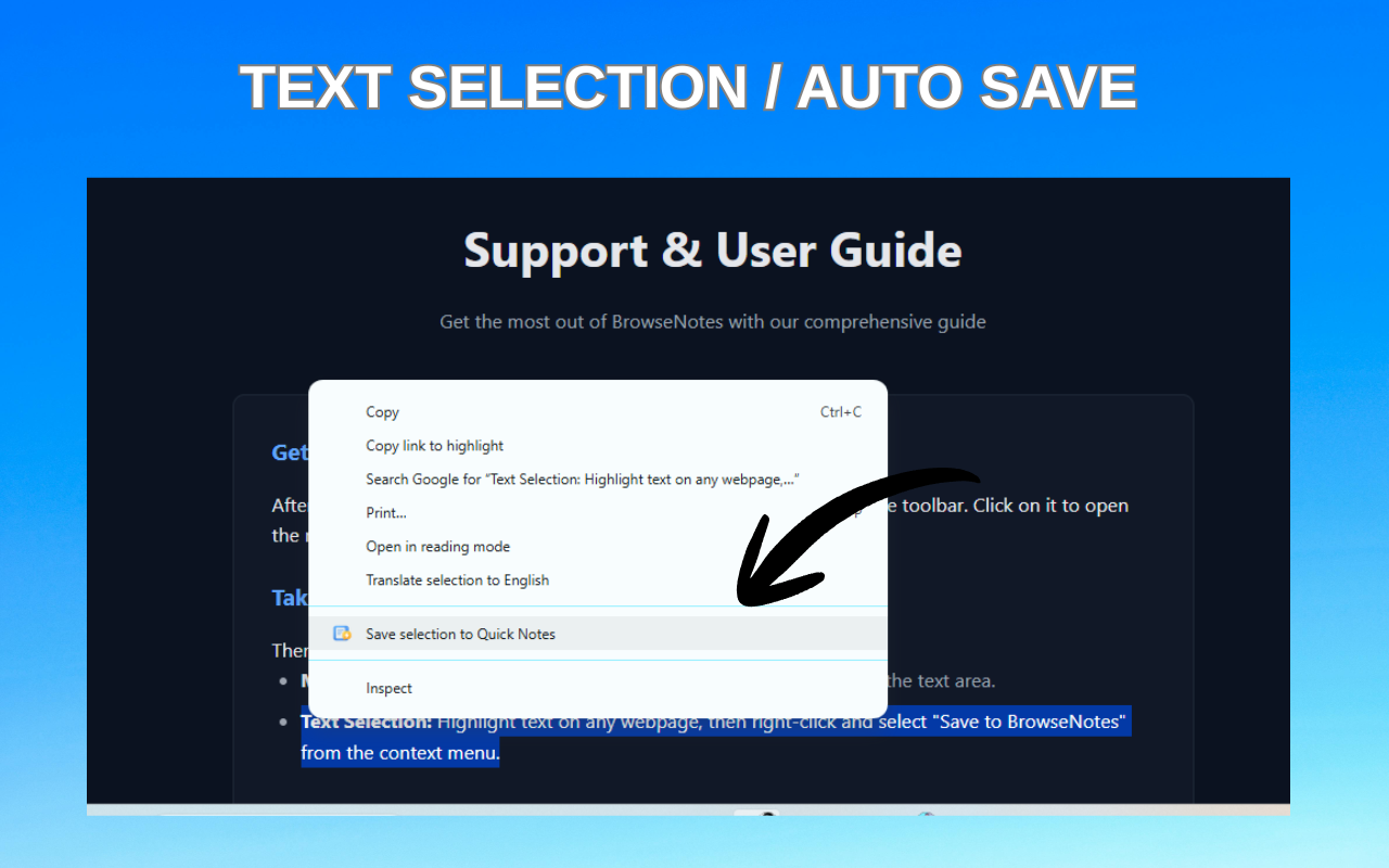 Text selection and context menu